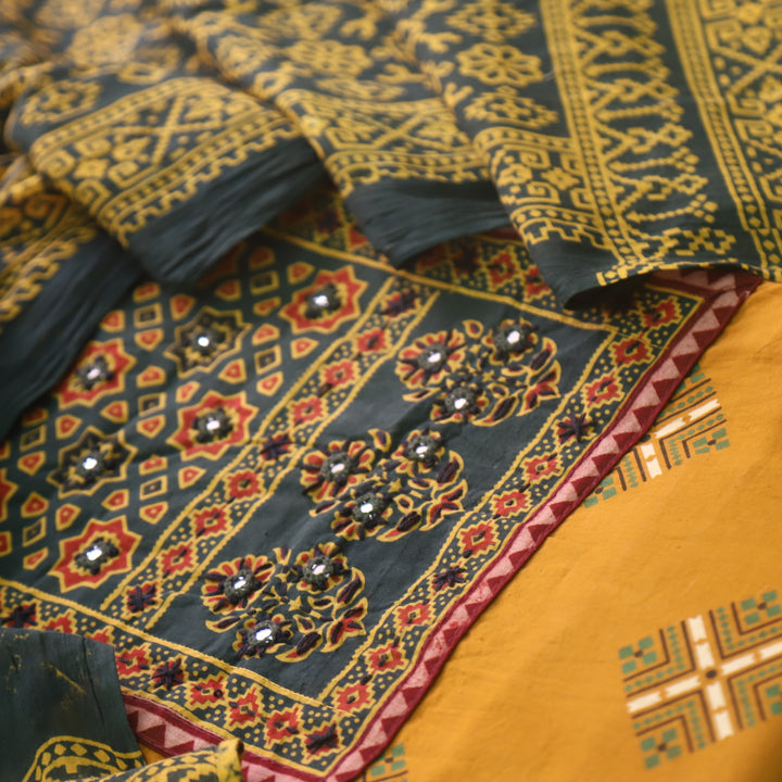 Chandni Canary Yellow Ajrak Print Patch Work Cotton Top With Printed Dupatta-D1