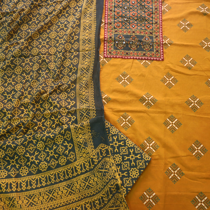 Chandni Canary Yellow Ajrak Print Patch Work Cotton Top With Printed Dupatta-D1