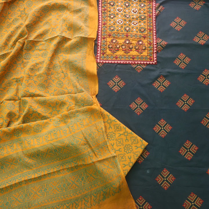 Chandni Forest Green Ajrak Print Patch Work Cotton Top With Printed Dupatta-D1