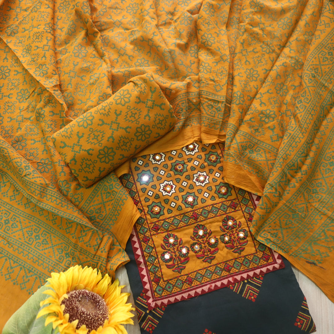 Chandni Forest Green Ajrak Print Patch Work Cotton Top With Printed Dupatta-D1