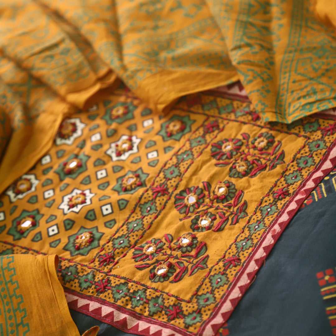 Chandni Forest Green Ajrak Print Patch Work Cotton Top With Printed Dupatta-D1