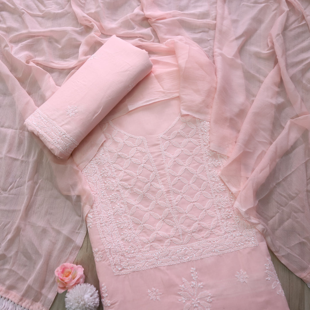 Mohataaz Light Peach Authentic Chikankari Cotton Top with Chiffon Dupatta-D2