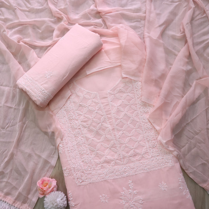 Mohataaz Light Peach Authentic Chikankari Cotton Top with Chiffon Dupatta-D2