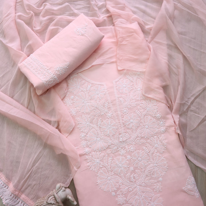 Mohataaz Light Peach Authentic Chikankari Cotton Top with Chiffon Dupatta-D6