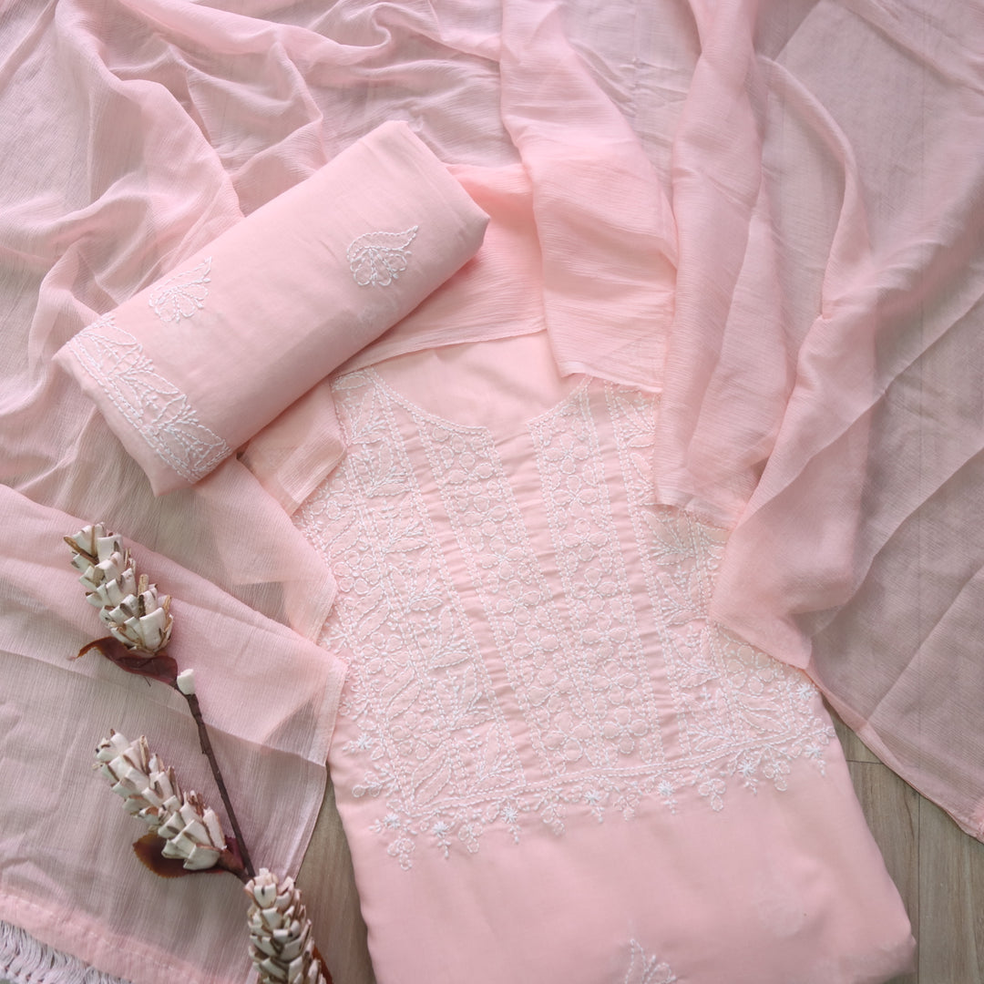 Mohataaz Light Peach Authentic Chikankari Cotton Top with Chiffon Dupatta-D4