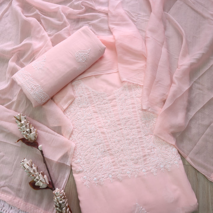 Mohataaz Light Peach Authentic Chikankari Cotton Top with Chiffon Dupatta-D4