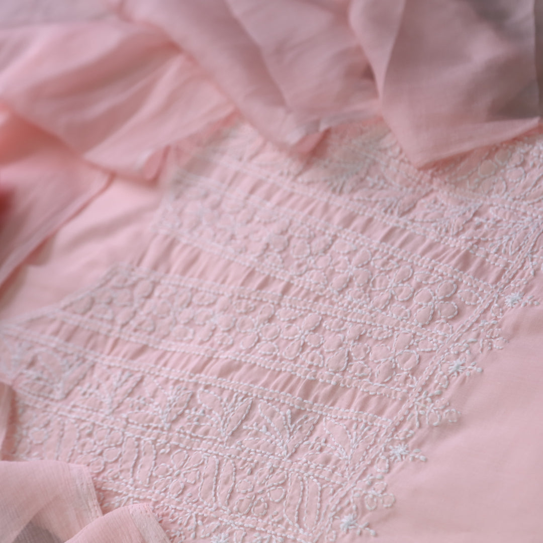 Mohataaz Light Peach Authentic Chikankari Cotton Top with Chiffon Dupatta-D4
