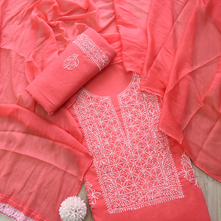 Mohataaz Coral Pink Authentic Chikankari Cotton Top with Chiffon Dupatta-D3