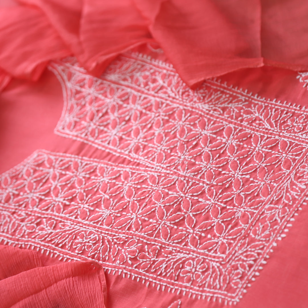 Mohataaz Coral Pink Authentic Chikankari Cotton Top with Chiffon Dupatta-D3