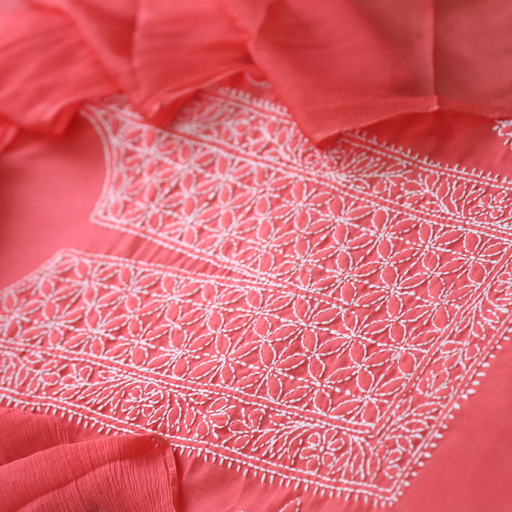 Mohataaz Coral Pink Authentic Chikankari Cotton Top with Chiffon Dupatta-D3