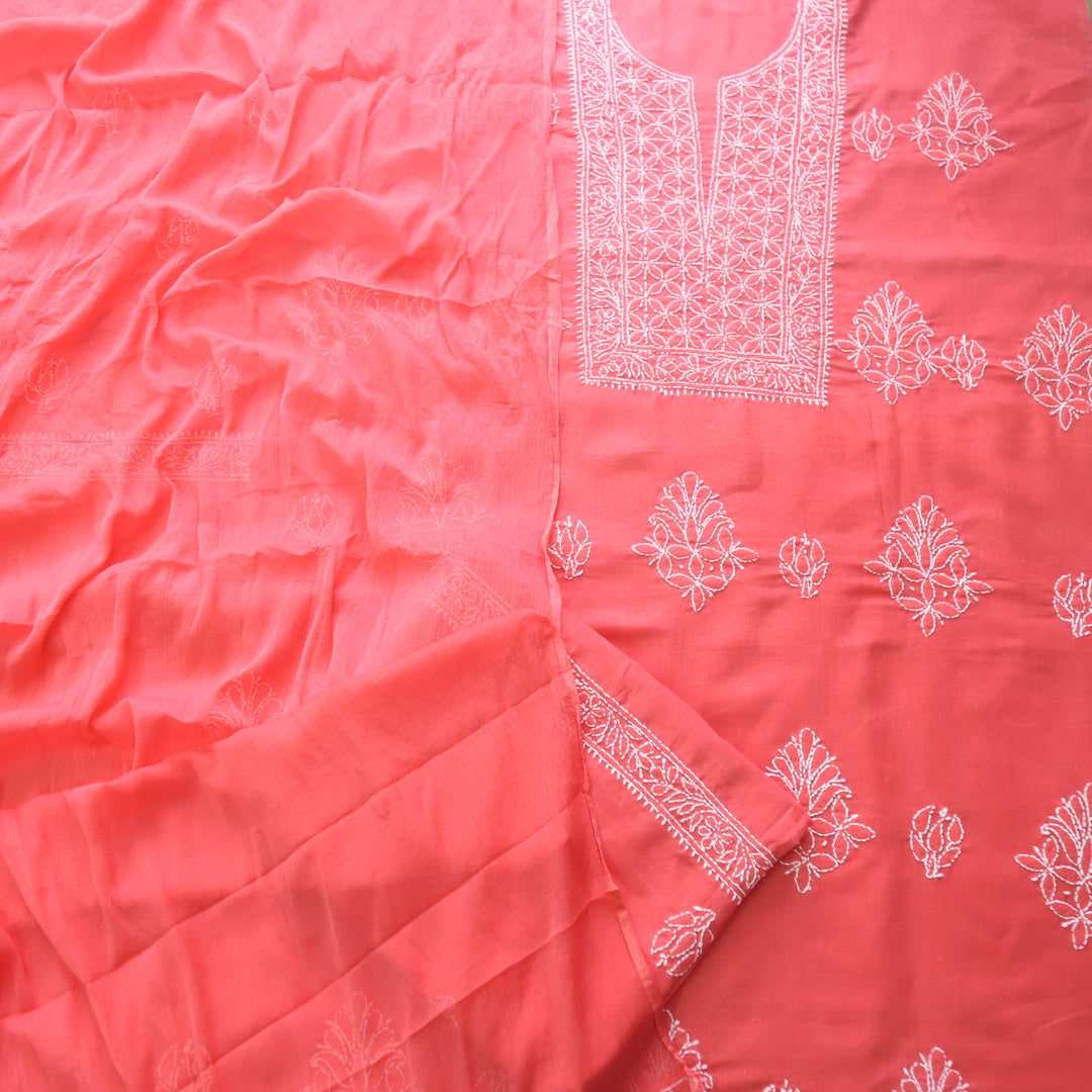 Mohataaz Coral Pink Authentic Chikankari Cotton Top with Chiffon Dupatta-D3