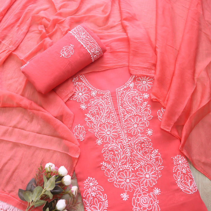 Mohataaz Coral Pink Authentic Chikankari Cotton Top with Chiffon Dupatta-D4