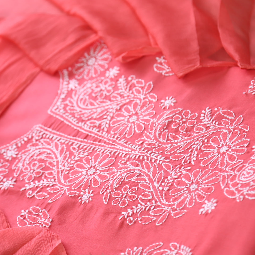 Mohataaz Coral Pink Authentic Chikankari Cotton Top with Chiffon Dupatta-D4