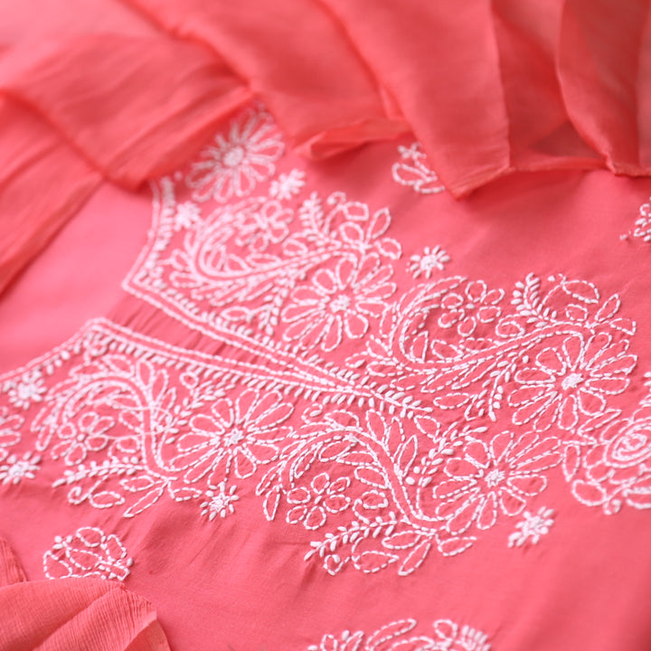 Mohataaz Coral Pink Authentic Chikankari Cotton Top with Chiffon Dupatta-D4