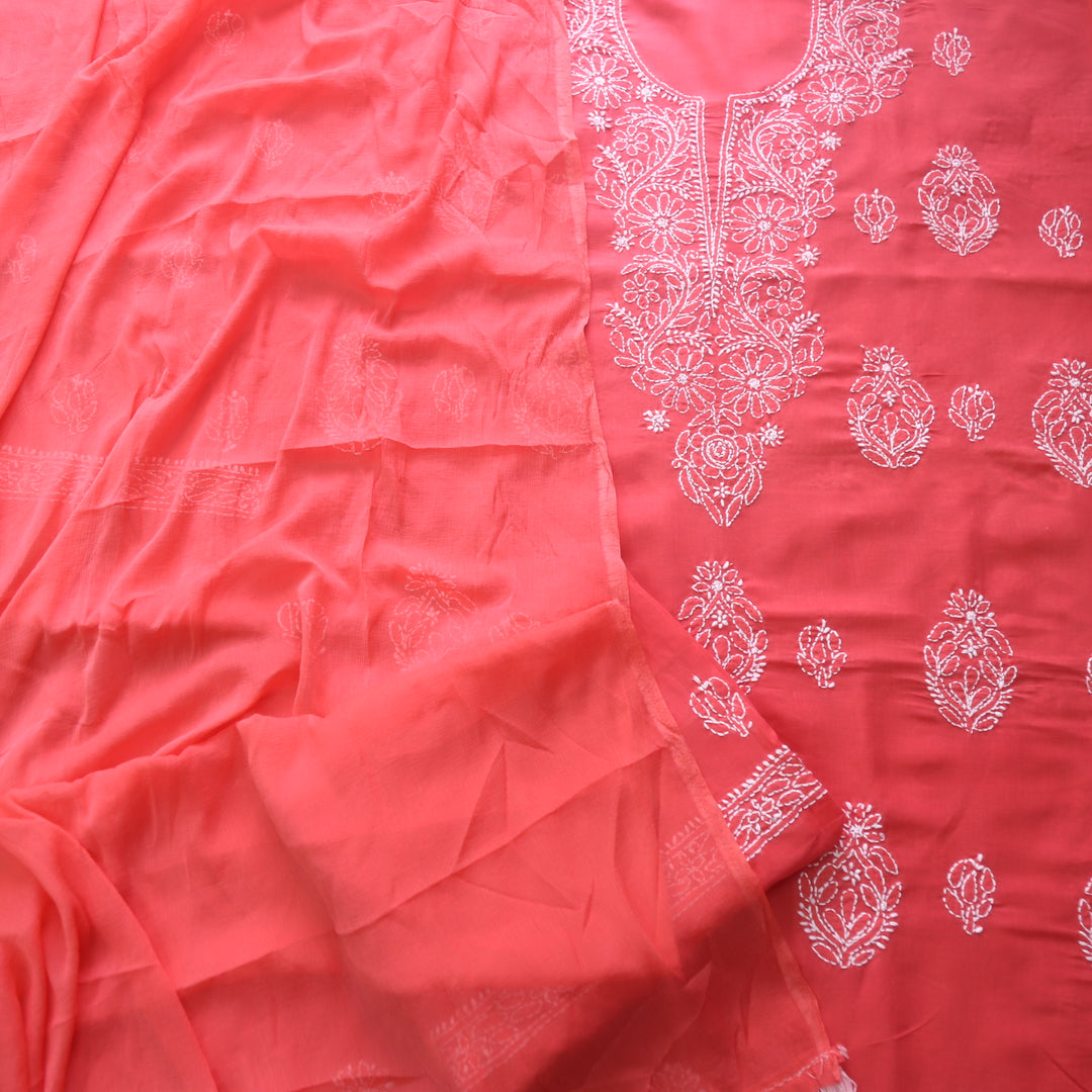 Mohataaz Coral Pink Authentic Chikankari Cotton Top with Chiffon Dupatta-D4