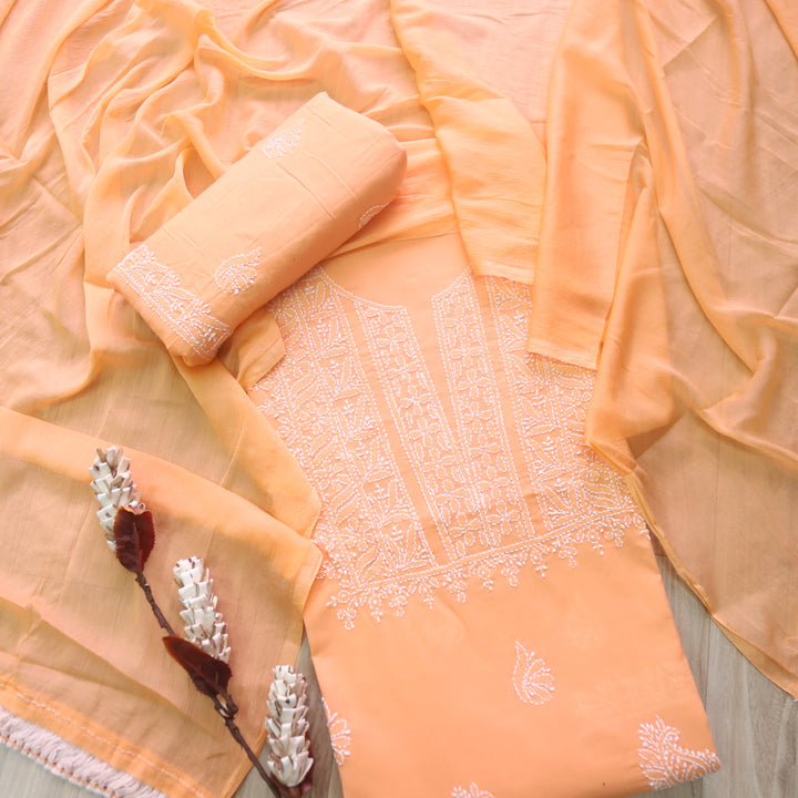 Mohataaz Bright Orange Authentic Chikankari Cotton Top with Chiffon Dupatta-D4