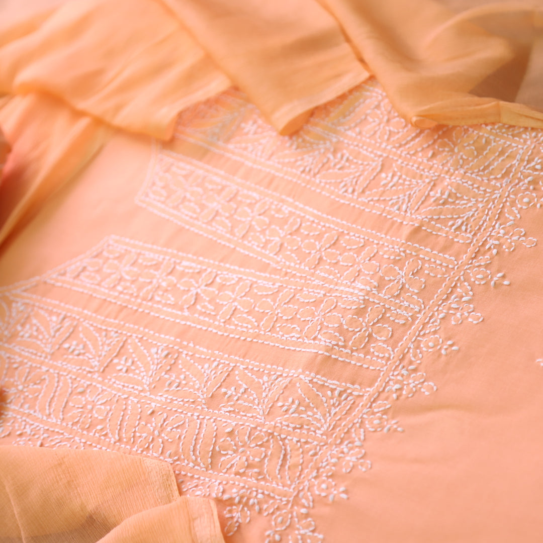 Mohataaz Bright Orange Authentic Chikankari Cotton Top with Chiffon Dupatta-D4