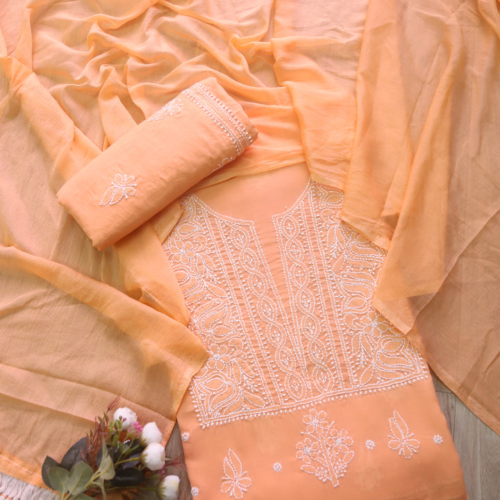 Mohataaz Bright Orange Authentic Chikankari Cotton Top with Chiffon Dupatta-D1