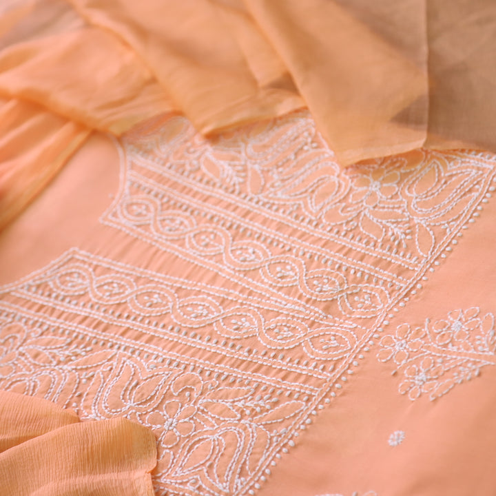 Mohataaz Bright Orange Authentic Chikankari Cotton Top with Chiffon Dupatta-D1