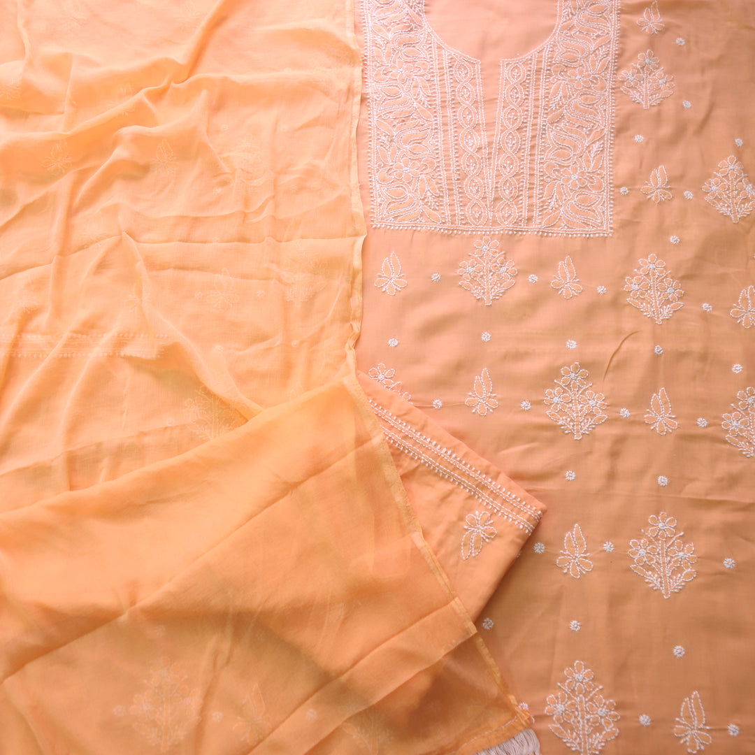 Mohataaz Bright Orange Authentic Chikankari Cotton Top with Chiffon Dupatta-D1