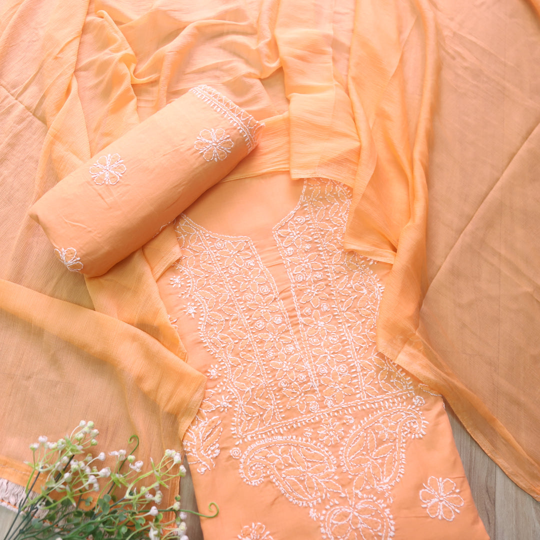 Mohataaz Bright Orange Authentic Chikankari Cotton Top with Chiffon Dupatta-D3