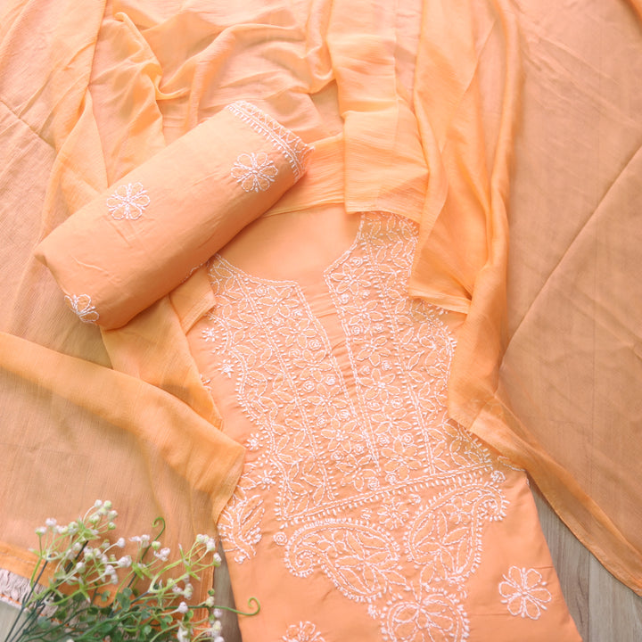 Mohataaz Bright Orange Authentic Chikankari Cotton Top with Chiffon Dupatta-D3