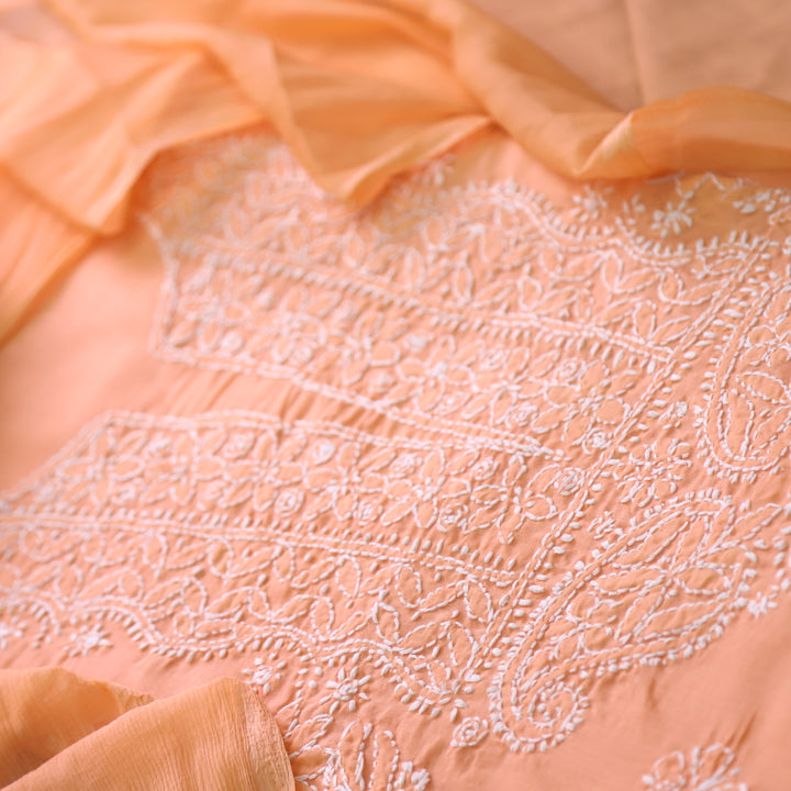 Mohataaz Bright Orange Authentic Chikankari Cotton Top with Chiffon Dupatta-D3