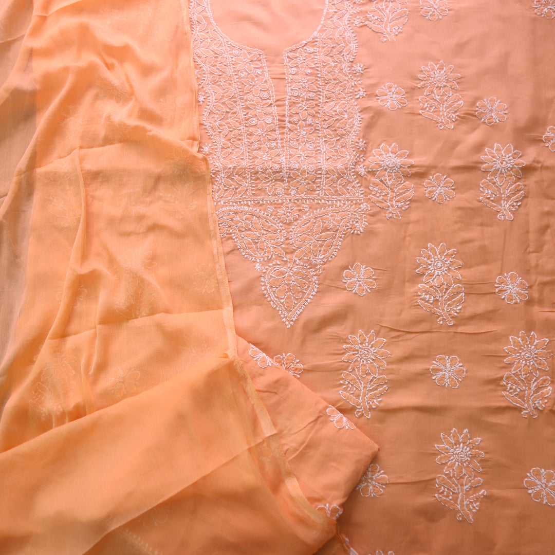 Mohataaz Bright Orange Authentic Chikankari Cotton Top with Chiffon Dupatta-D3