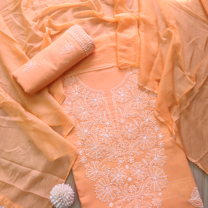 Mohataaz Bright Orange Authentic Chikankari Cotton Top with Chiffon Dupatta-D2