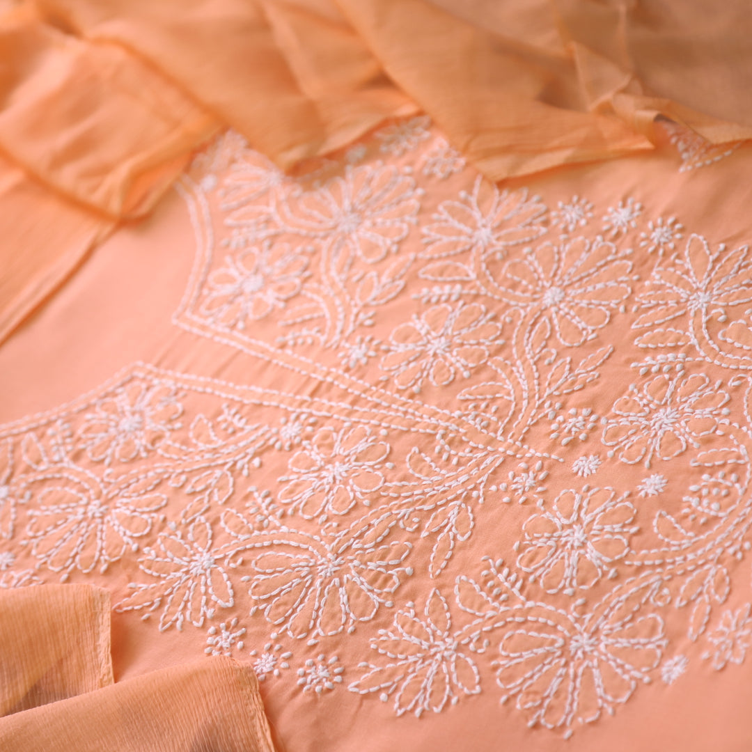 Mohataaz Bright Orange Authentic Chikankari Cotton Top with Chiffon Dupatta-D2