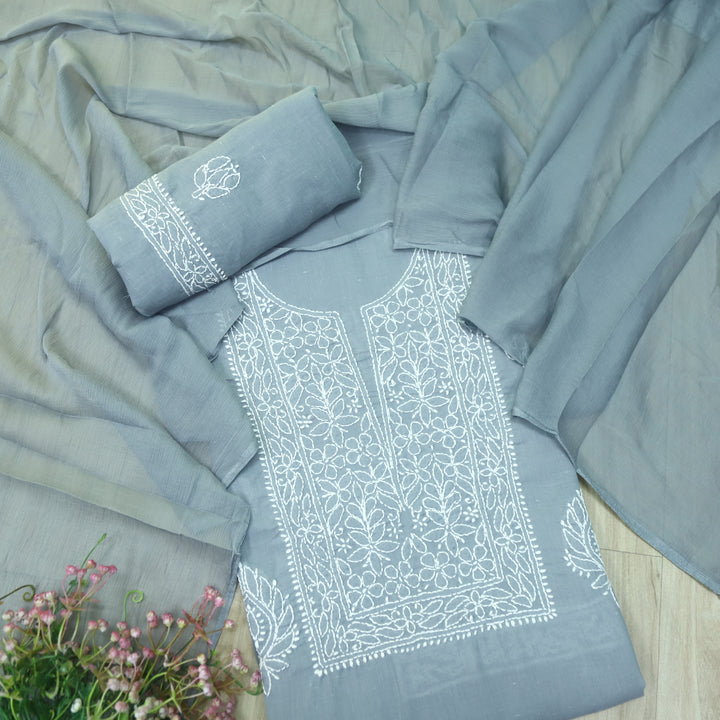 Mohataaz Sky Grey Authentic Chikankari Cotton Top with Chiffon Dupatta-D1