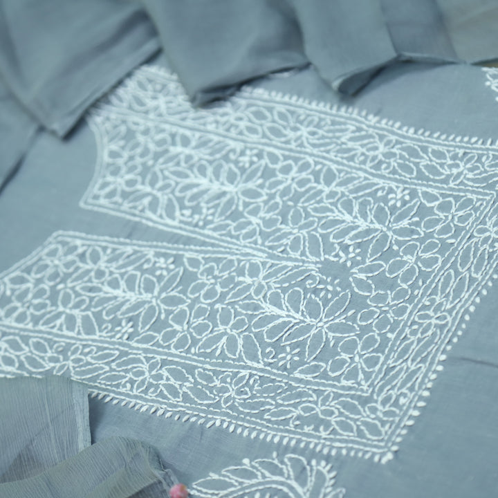 Mohataaz Sky Grey Authentic Chikankari Cotton Top with Chiffon Dupatta-D1