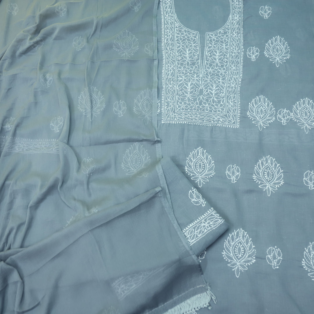 Mohataaz Sky Grey Authentic Chikankari Cotton Top with Chiffon Dupatta-D1