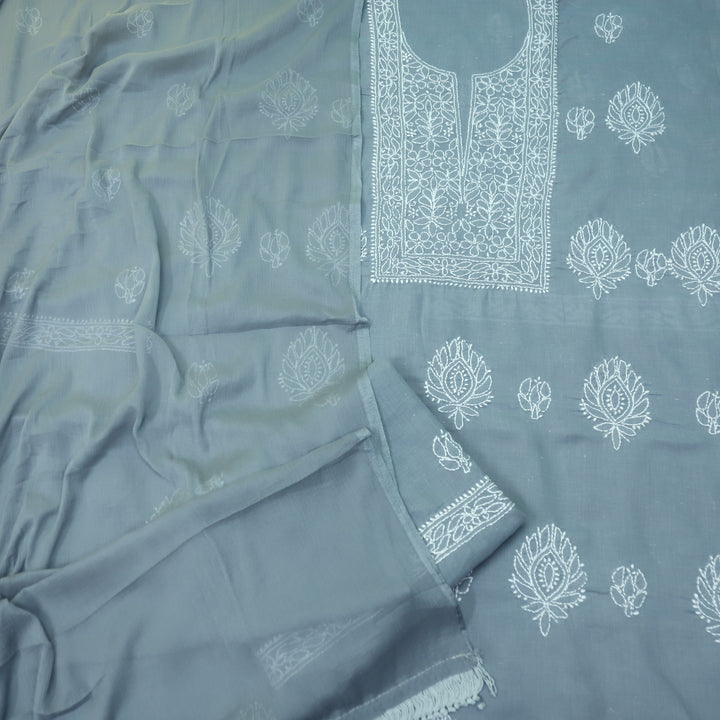 Mohataaz Sky Grey Authentic Chikankari Cotton Top with Chiffon Dupatta-D1