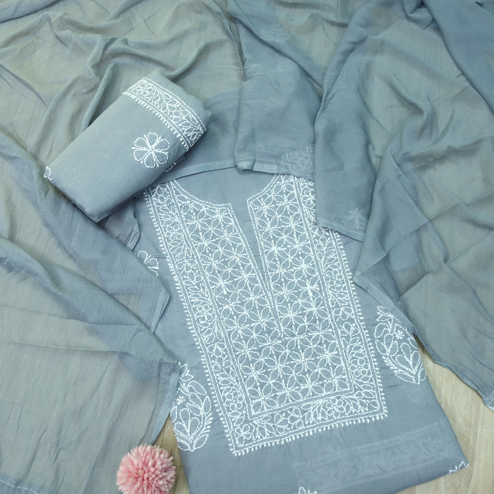 Mohataaz Sky Grey Authentic Chikankari Cotton Top with Chiffon Dupatta-D2