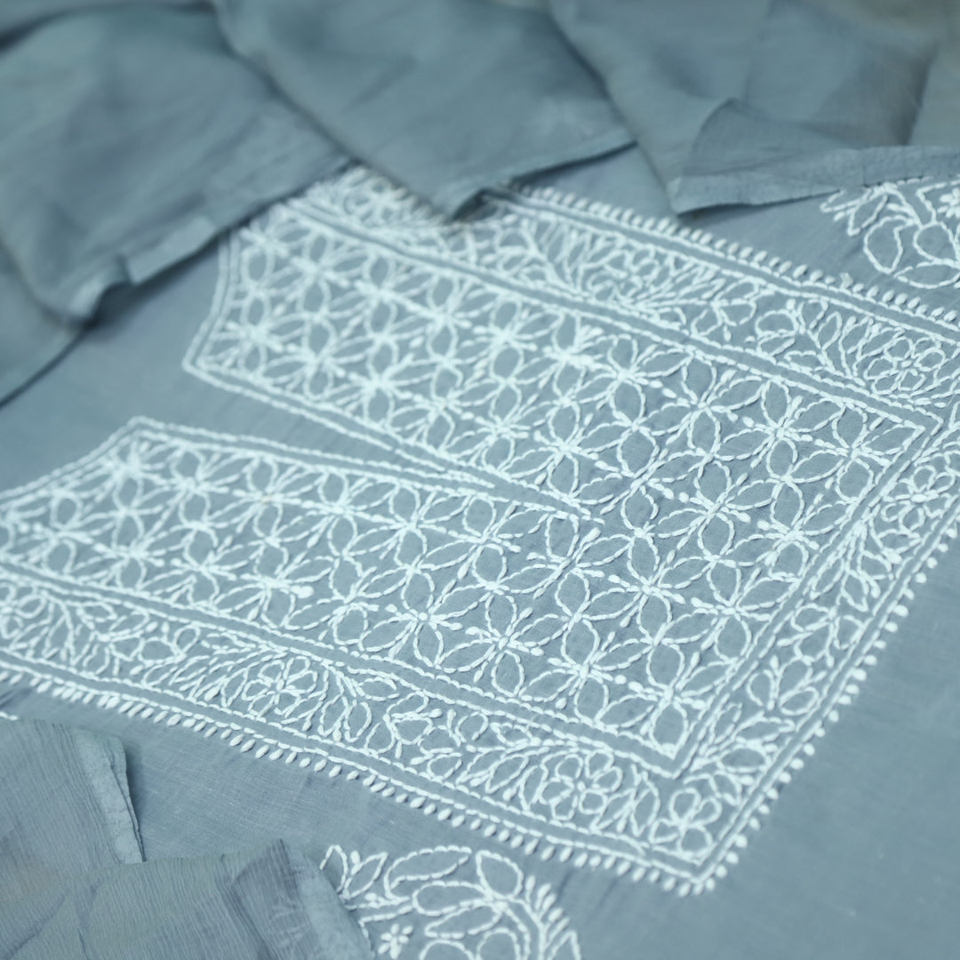 Mohataaz Sky Grey Authentic Chikankari Cotton Top with Chiffon Dupatta-D2