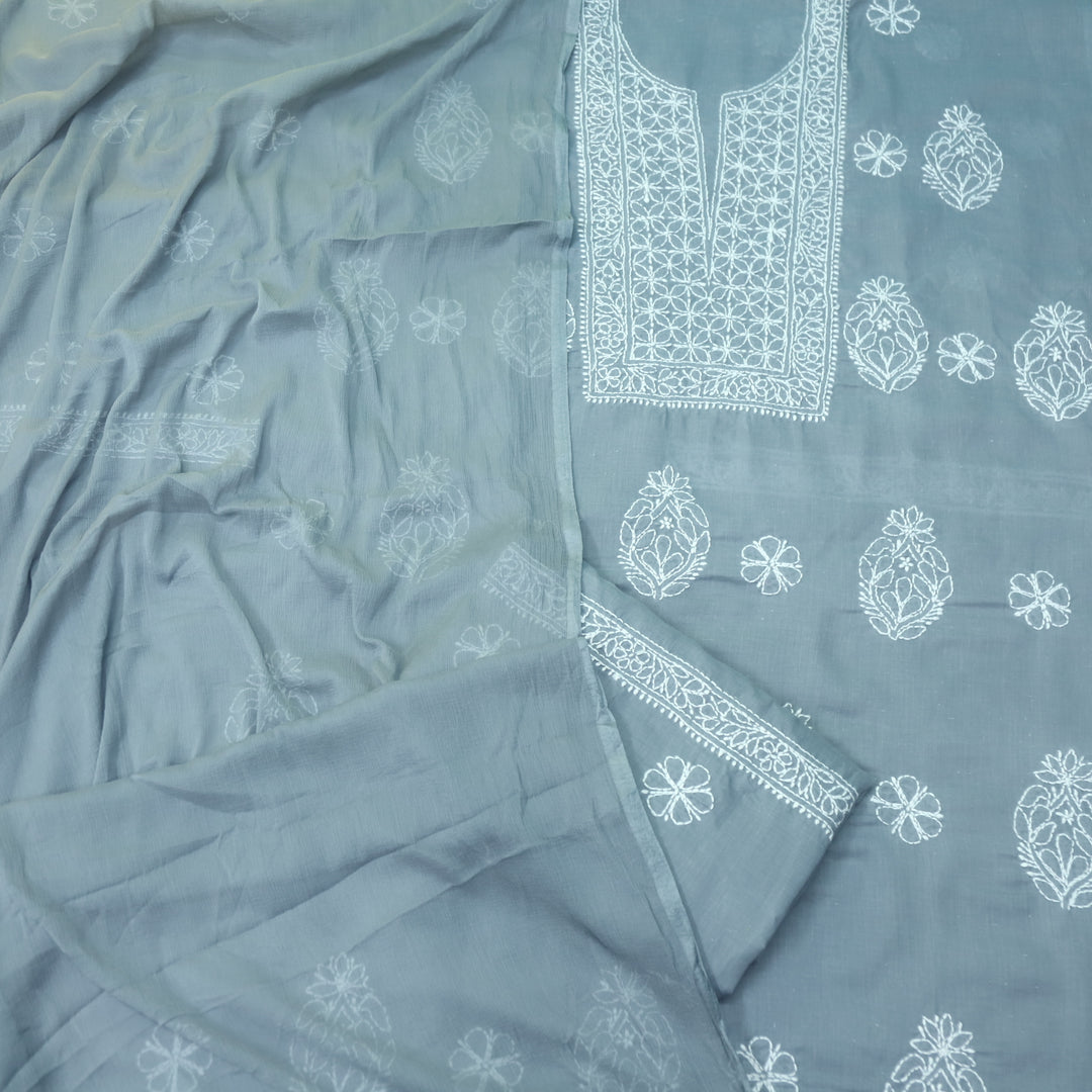 Mohataaz Sky Grey Authentic Chikankari Cotton Top with Chiffon Dupatta-D2