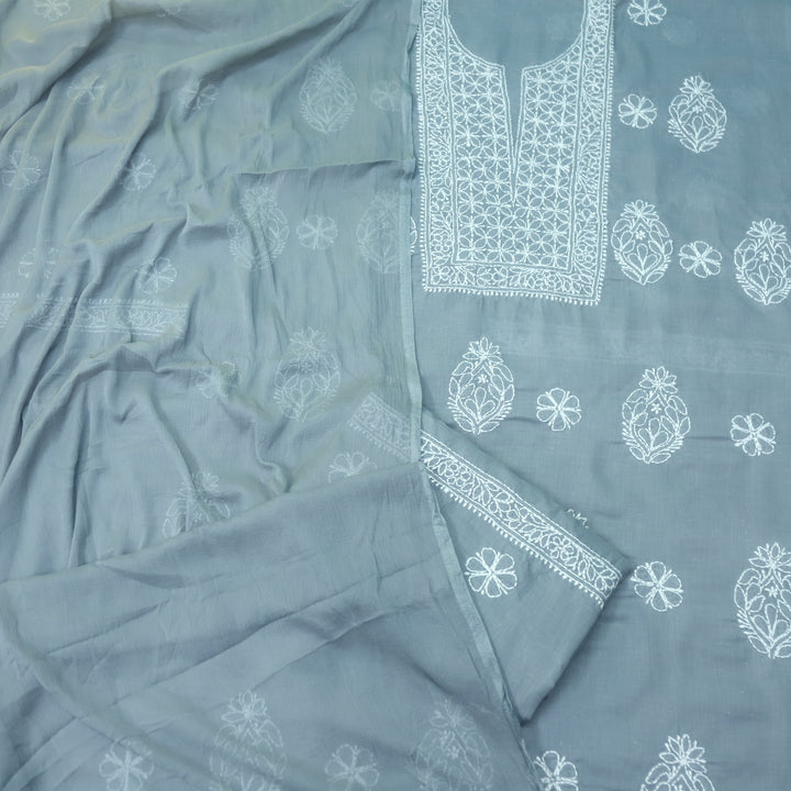 Mohataaz Sky Grey Authentic Chikankari Cotton Top with Chiffon Dupatta-D2