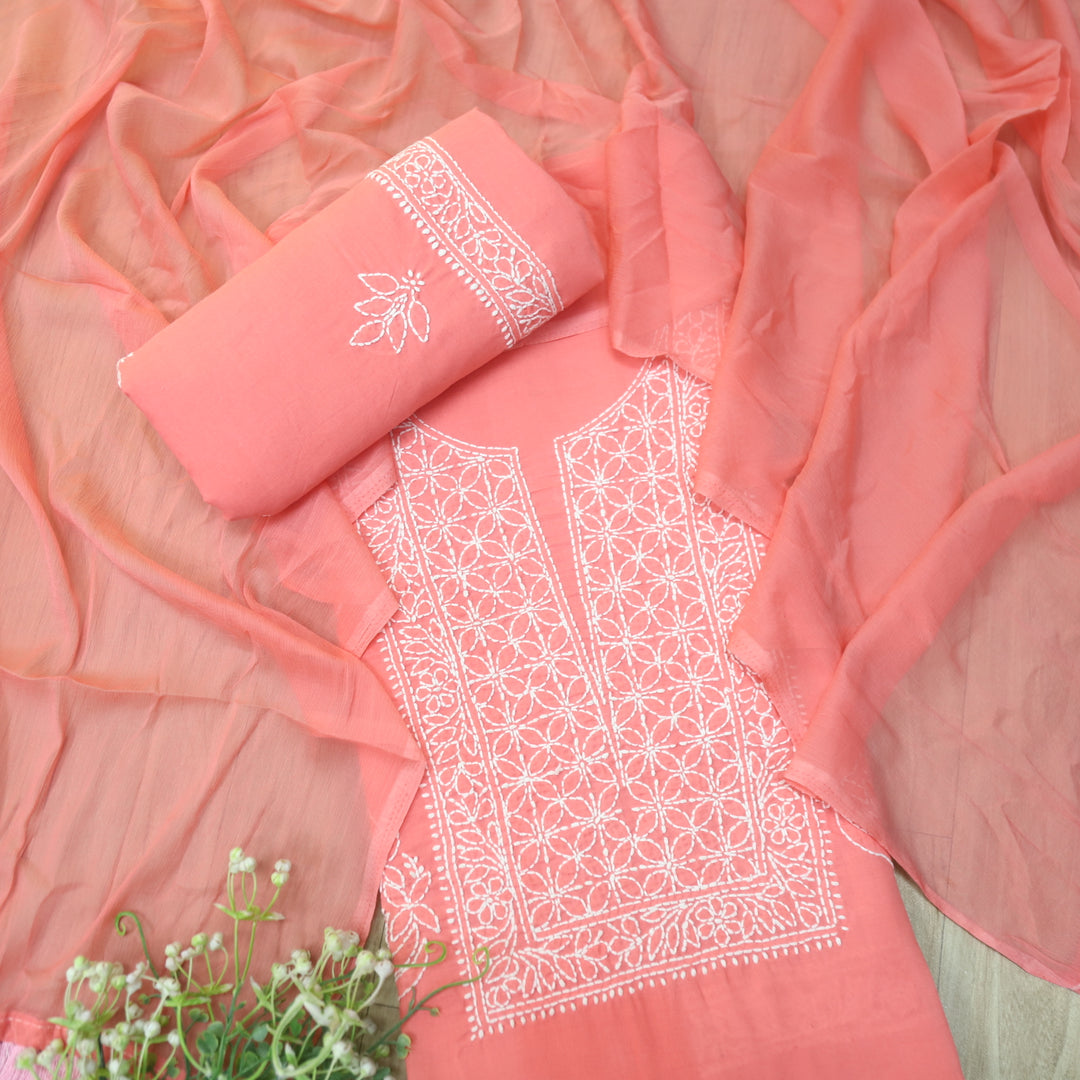 Mohataaz Blush Pink Authentic Chikankari Cotton Top with Chiffon Dupatta-D2