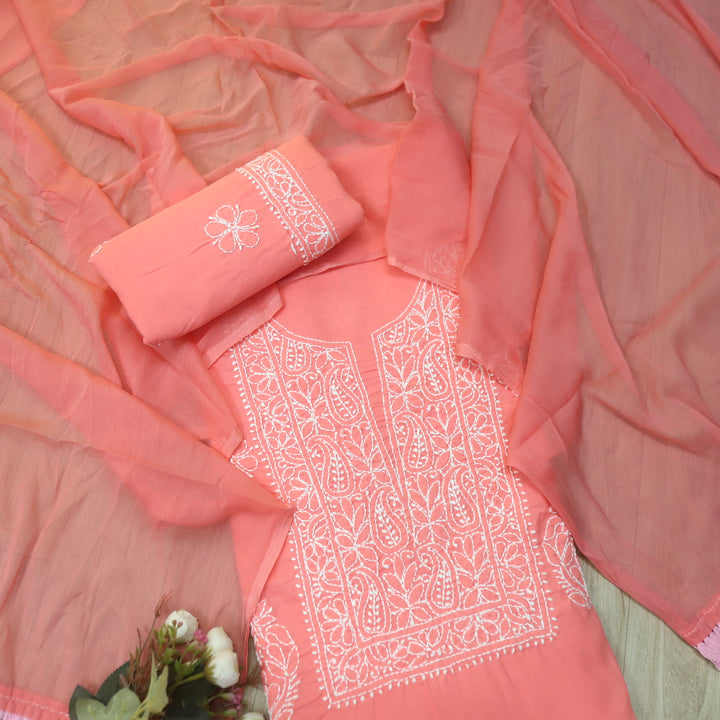 Mohataaz Blush Pink Authentic Chikankari Cotton Top with Chiffon Dupatta D1