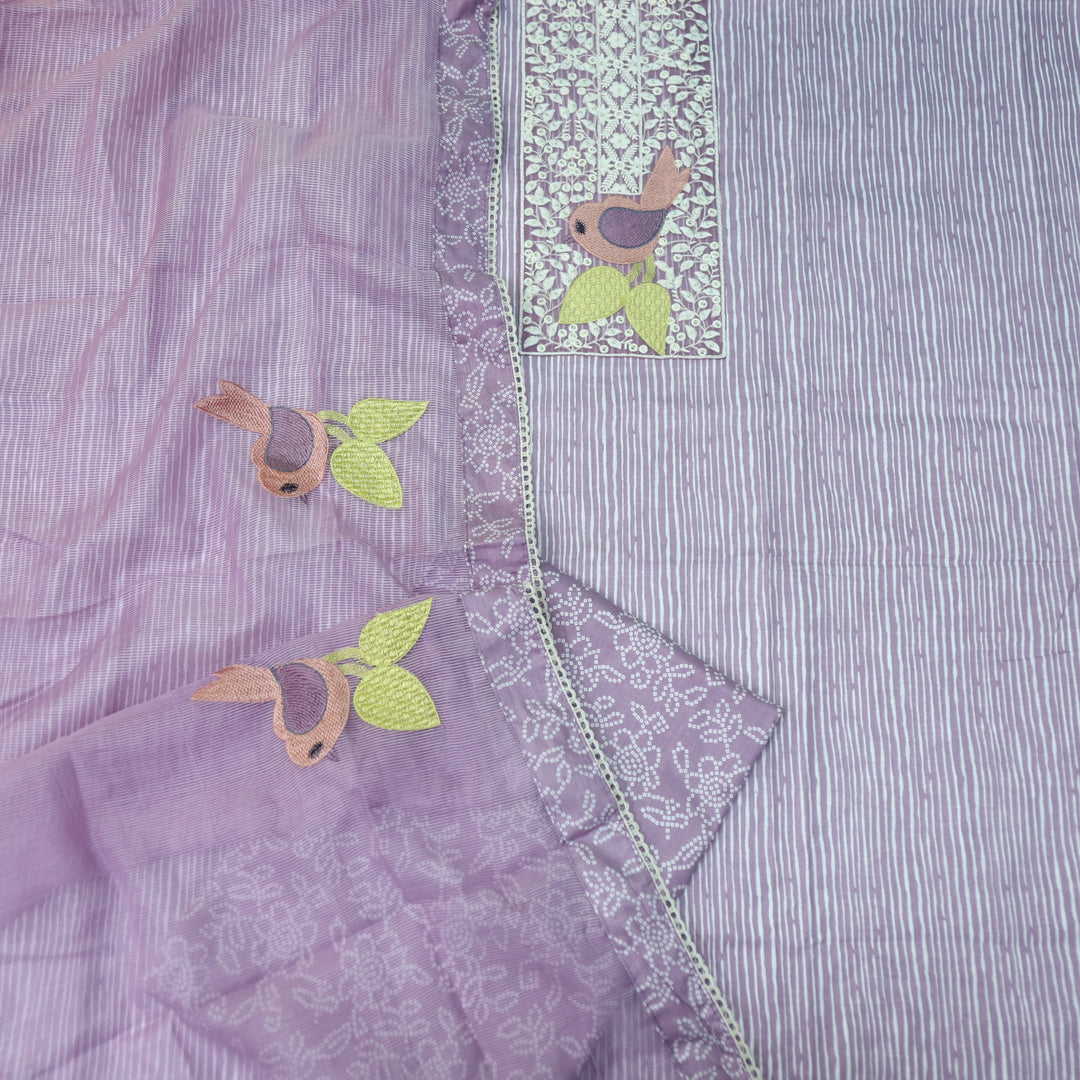 Paaksh Phlox Purple Stripe Printed with Bird Patch Cotton Suit Set