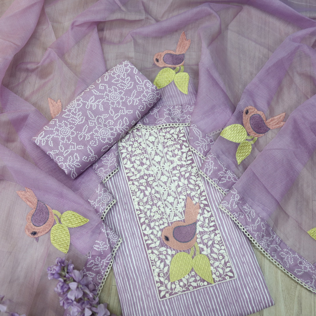 Paaksh Phlox Purple Stripe Printed with Bird Patch Cotton Suit Set