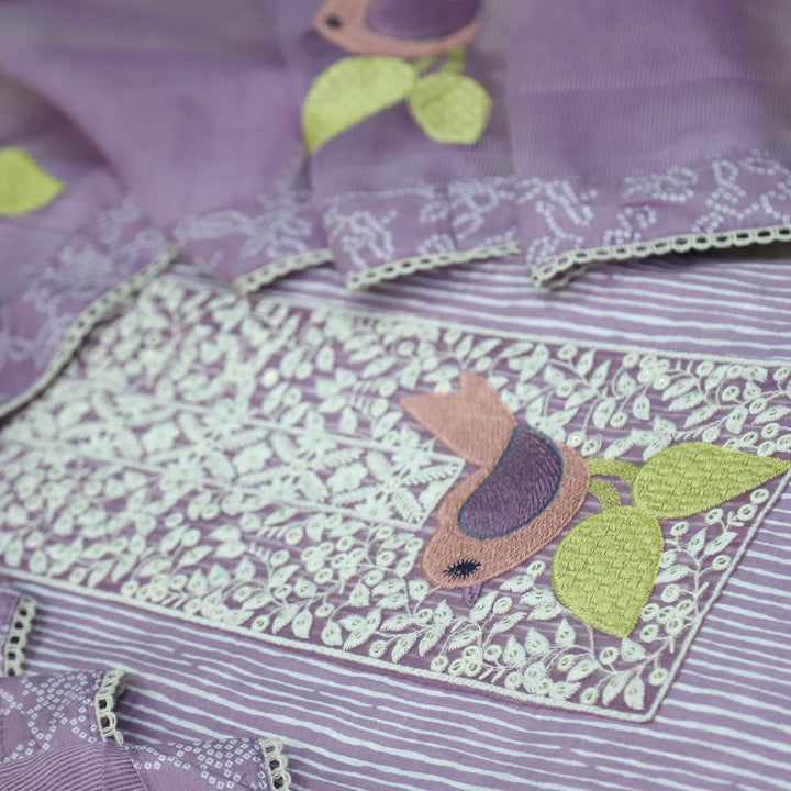 Paaksh Phlox Purple Stripe Printed with Bird Patch Cotton Suit Set