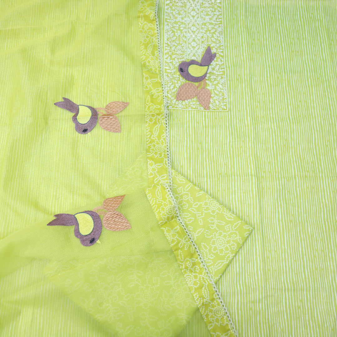 Paaksh Lemon Yellow Stripe Printed with Bird Patch Cotton Suit Set