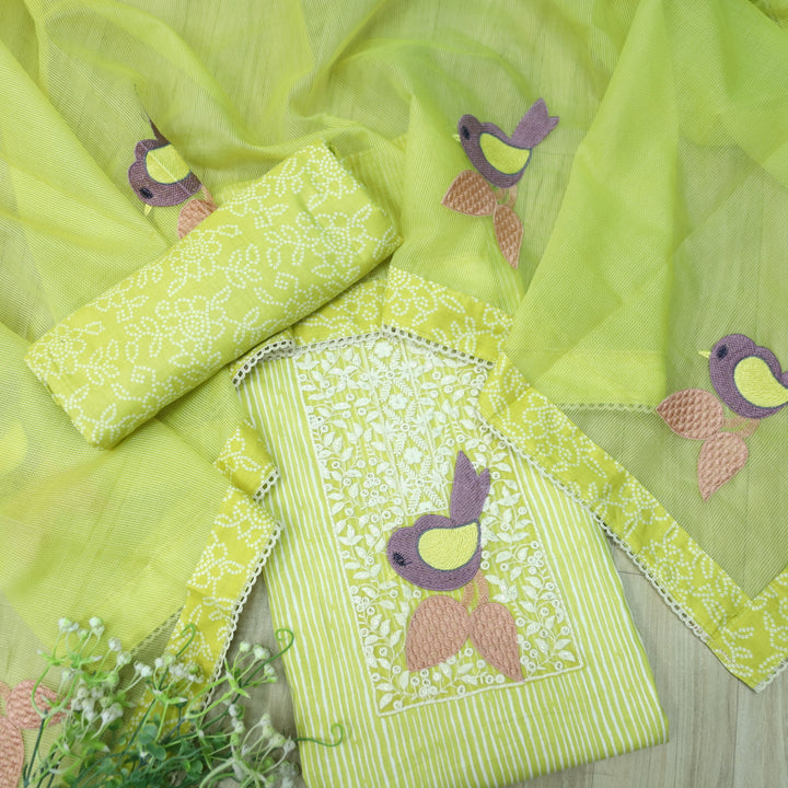 Paaksh Lemon Yellow Stripe Printed with Bird Patch Cotton Suit Set