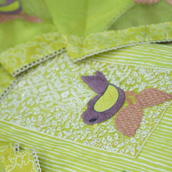 Paaksh Lemon Yellow Stripe Printed with Bird Patch Cotton Suit Set