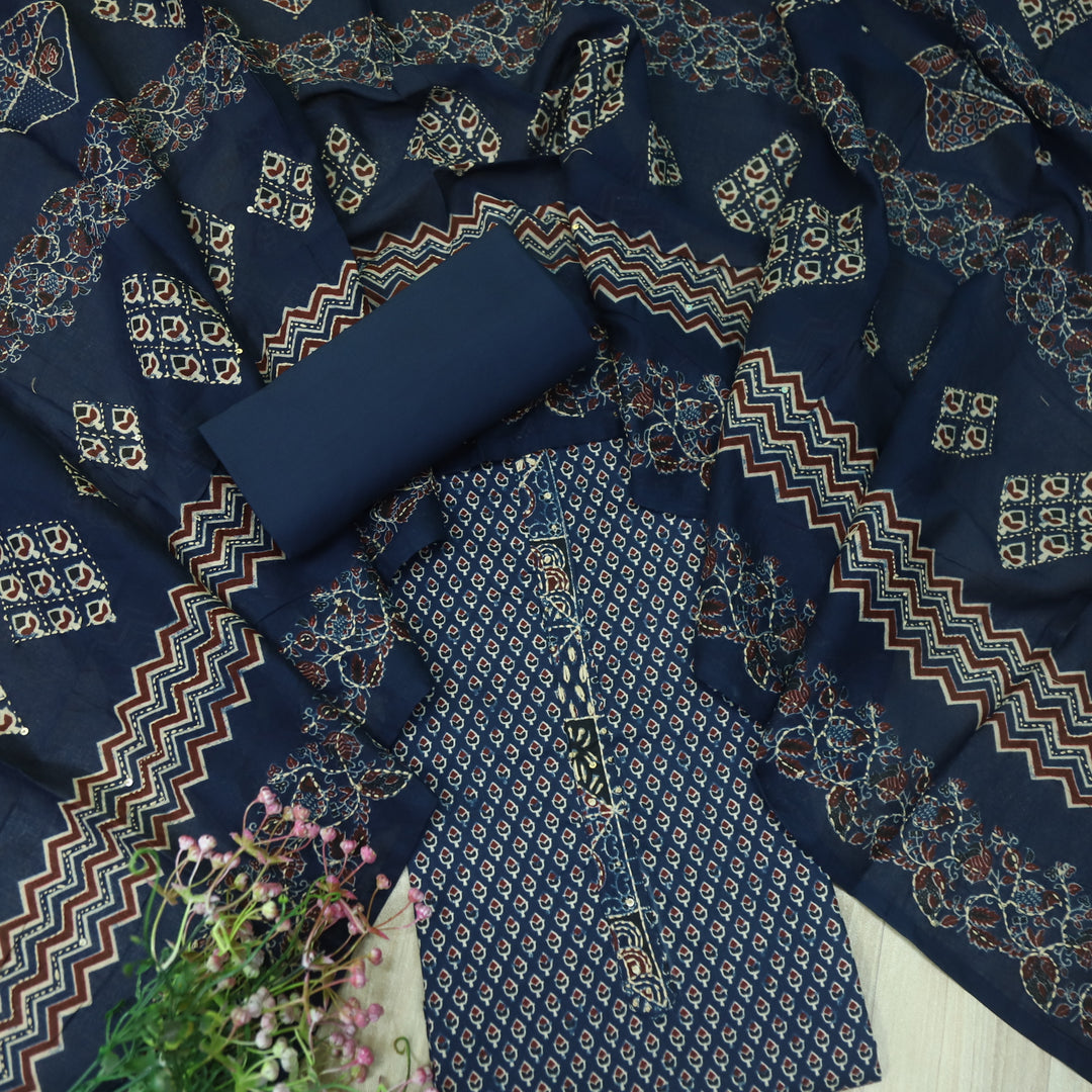 Kashish Midnight Blue All Over Printed with kantha Detailing Cotton Suit Set