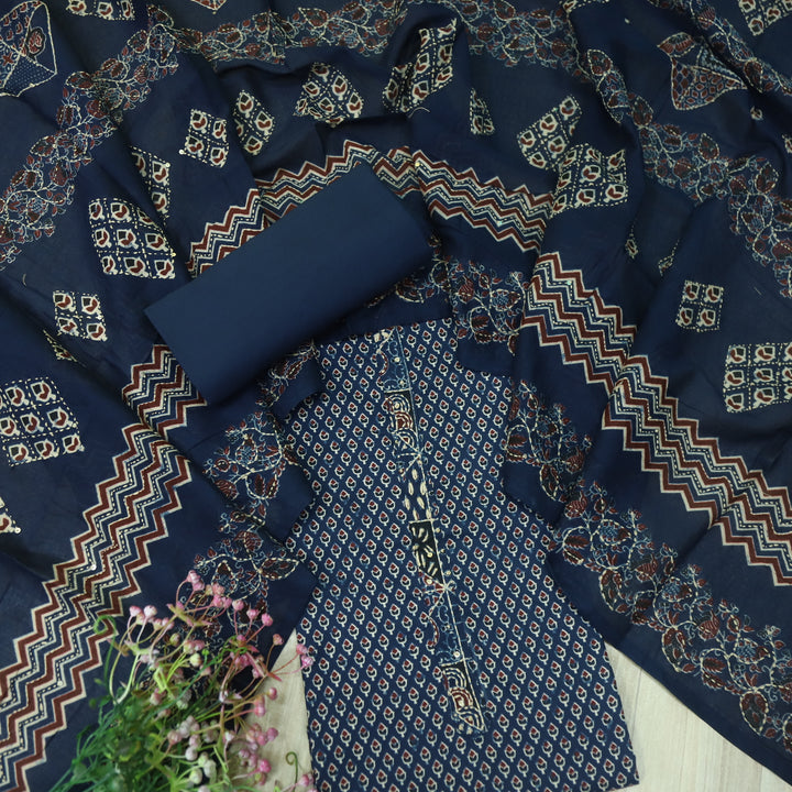 Kashish Midnight Blue All Over Printed with kantha Detailing Cotton Suit Set