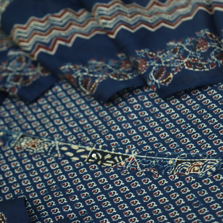 Kashish Midnight Blue All Over Printed with kantha Detailing Cotton Suit Set