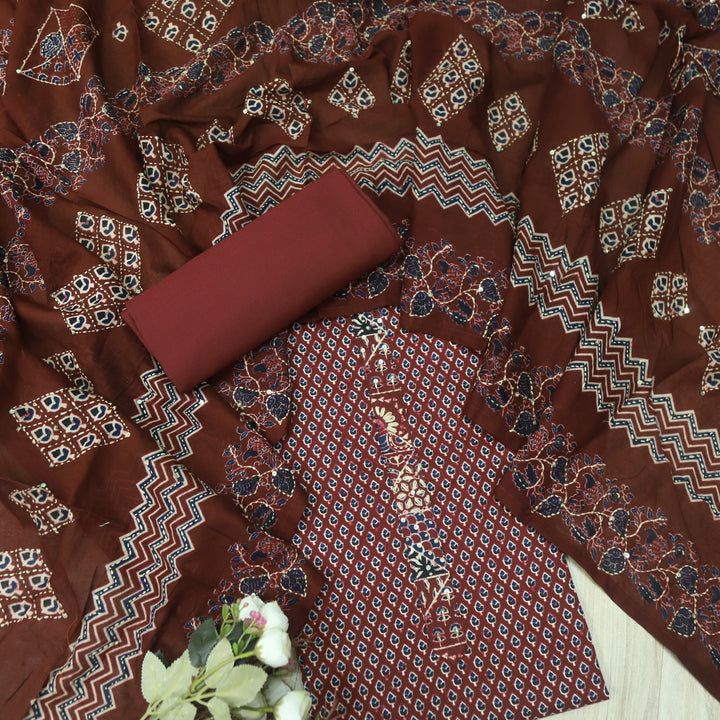 Kashish Marron Red All Over Printed with kantha Detailing Cotton Suit Set